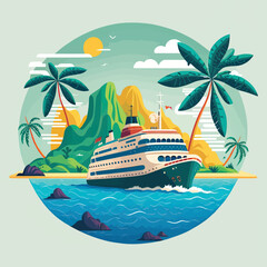 Cruise ship tropical island vacationing background. Luxury voyage cruises on a passenger ship vessel to amazing destinations. Marine relaxation holiday vacation, travel and adventure transport
