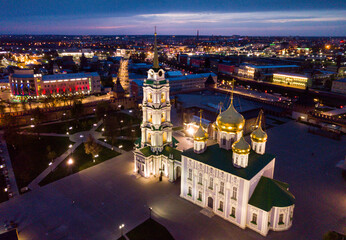 Aerial view of Kremlin and the Assumption Church in Tula in the evening