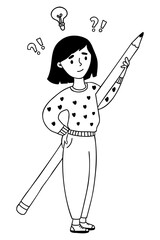 Thinking person. Dreamy, thoughtful girl stands with big pencil. Above it are question marks and an idea. Vector illustration. Hand drawn line drawing doodle.