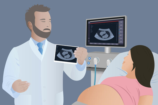Ultrasound image of newborn twins in the doctor's hand and on the monitor. Silhouette of twin fetus in mother's womb, pregnancy diagnostic sonography or ultrasound concept