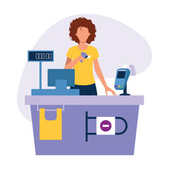 Vector illustration of cashier. Cartoon scene with the seller at the checkout in the store who holds the sensor on white background.