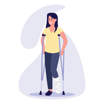 Vector illustration of broken leg. Cartoon scene with a girl who stands on crutches through a broken leg on white background.