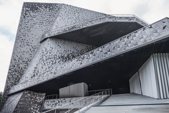Exceptional architectural design of Paris Philharmonic (Philharmonie de Paris, architect Jean Nouvel, 2015) in Parc de la Villette. Paris, France. AUGUST 17, 2021.