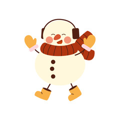 Cute christmas snowmen in warm scarve, mittens. Cheerful happy snowmen in costume and glasses jumping with legs in boots. Winter holidays snow men. Merry Xmas. Flat vector.