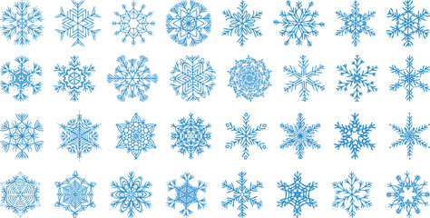 Vector hand-drawn snowflakes set. Delicate snow icon silhouettes. Isolated on white background. Design elements for christmas, winter prints, seasonal greetings, or any use.