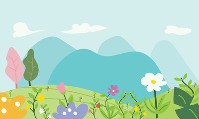 Spring green fields landscape with mountain, blue sky and clouds background,Panorama peaceful rural nature in springtime with green grass land. Cartoon vector illustration for spring