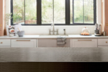 Blurred modern kitchen interior and desk space, kitchen table