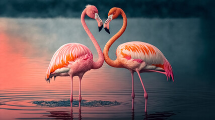 Two pink flamingos couple standing in lake. 