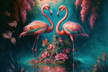 Two flamingos couple standing in lake. Fantasy magical fairy tale landscape with elegant birds.	