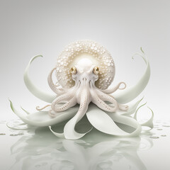 White octopus morphing into lotus flower, sitting on beautiful water lily
