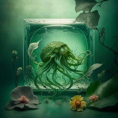 Stunning green octopus dancing with flowers