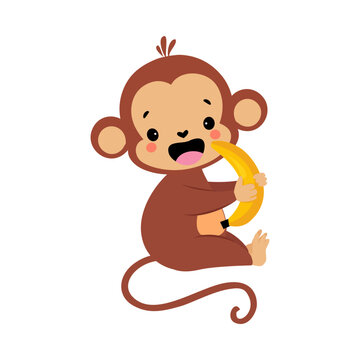 Cute Playful Monkey with Long Tail Holding Yellow Banana Vector Illustration