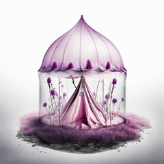 Purple tent, circus tent with lavender field inside, small landscape