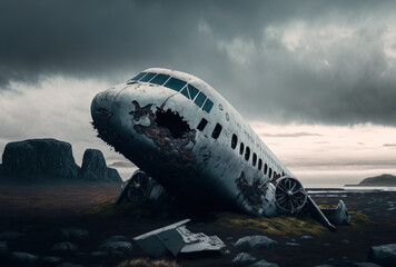 Gray wreckage of an aircraft on a rock beneath gloomy sky. Generative AI
