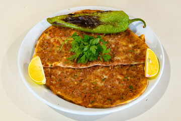 Turkish foods ; Turkish pizza -Lahmacun. 