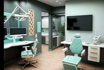 Interior of a contemporary dental office featuring x ray monitors, a dentist's chair, and an orthodontic workstation. Generative AI
