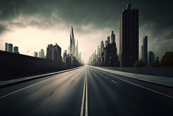 Fototapeta na wymiar asphalt road leading to a modern city is empty. Generative AI