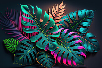 Dark green tropical leaves colorful neon light, backlight, leaves composition, plant background, manstera, palm leaves. AI - obrazy, fototapety, plakaty