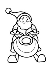 Vector outline illustration of Santa riding a snowmobile isolated on a white background. Coloring page with a Christmas symbol for the design of a children's book.