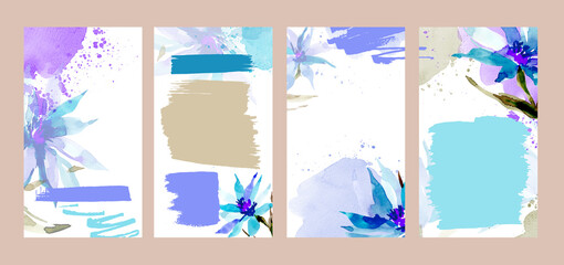 A set of backgrounds for social networks with blue colors. Watercolor abstract backgrounds for design. Collection of wedding backgrounds for text