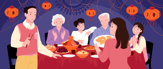Chinese family dinner vector illustration. Cartoon happy parents, kids and grandparents gathering at lovely table with hotpot and dishes to eat food of Asian cuisine, celebration of relatives
