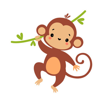 Cute Playful Monkey with Long Tail Hanging on Liana Vector Illustration