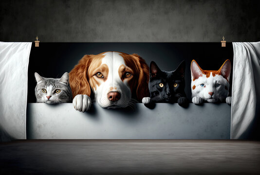 Dog and cat hiding in a row on a banner. solitary on a gloomy backdrop. Generative AI
