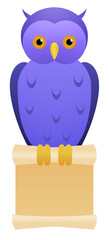 Blue owl sitting on a parchment scroll idolated on white