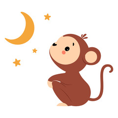 Cute Playful Monkey with Long Tail Sitting and Watching Stars in the Sky Vector Illustration