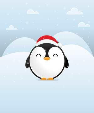 Merry Christmas greeting card with cute penguin. Christmas morning. Vector illustration.