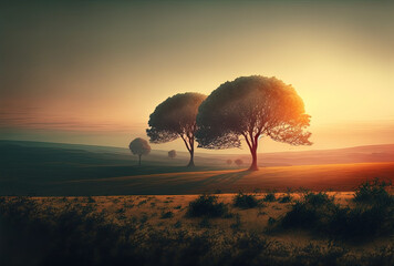 Beautiful trees and a field covered with grass at sunset against a hazy sky. Generative AI