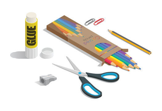 Set of glue, paper clip, sharpener, scissors and  colored pencils outside their boxes.3d Vector