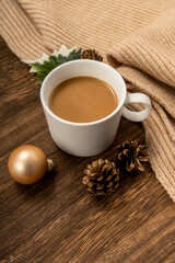 cup of hot coffee on a christmas holiday table. holidays and events