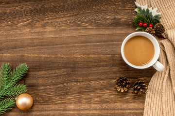 cup of hot coffee on a christmas holiday table. holidays and events