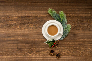cup of hot coffee on a christmas holiday table. holidays and events