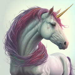 Obraz na płótnie Canvas White unicorn with pink lilac hair. Vector illustration. Artwork. Portrait. Generative AI