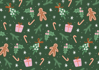 Hand Drawn Holiday Seamless Vector Pattern. Cute Christmas Elements On Dark Green Background. Simple Style Design Ideal For Textile, Wallpaper, Fabric Prints Or Wrapping Paper.