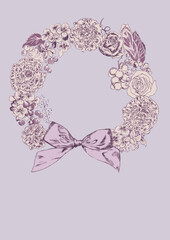 vintage delicate hand drawn illustration of flower frame with ribbon purple background A4