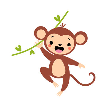 Cute Playful Monkey with Long Tail Hanging on Liana Vector Illustration