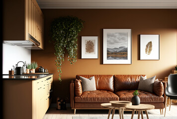Warm toned living room interior wall mockup with a leather sofa that is located behind the kitchen. Generative AI