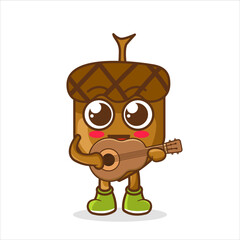 cute Acorn character mascot playing guitar isolated cartoon in flat style design