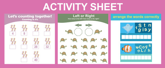 Educational printable worksheet. Activity sheet for children with sea animal theme. Counting and vocabulary worksheet. Vector illustrations.