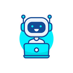 Chatbot icon. Cute robot working behind laptop. Modern bot sign design. Smiling customer service robot. Flat line style vector illustration isolated on white background