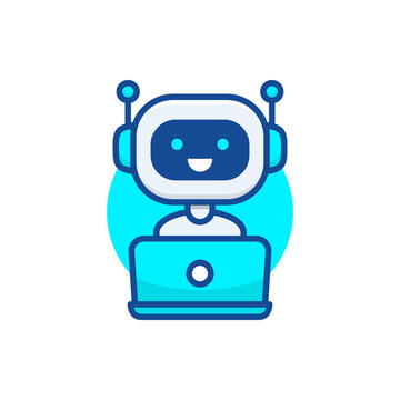 Chatbot icon. Cute robot working behind laptop. Modern bot sign design. Smiling customer service robot. Flat line style vector illustration isolated on white background