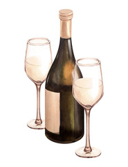 Watercolor illustration of the bottle and one glass of white wine. Picture of a alcoholic drink isolated on the white background. Concept for wine list, label, banner, menu, flyer, brochure template.