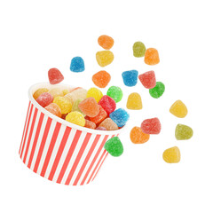 Jelly sweets colorful candies are flying from round striped box. Sweet confectionery candy gumdrops concept idea photo