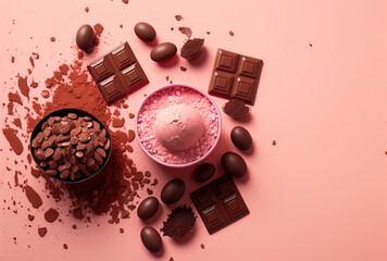 Flat lay of cocoa powder and chocolate confections on a pink backdrop with text space. Generative AI