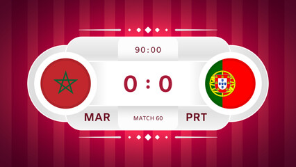 Morocco vs Portugal Match Design Element. Flag icons isolated on stylized red striped background. Football Championship Competition Infographics. Announcement, Game Score Template. Vector