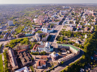 Panoramic aerial view of city of Kursk with buildings and landscape, Russia