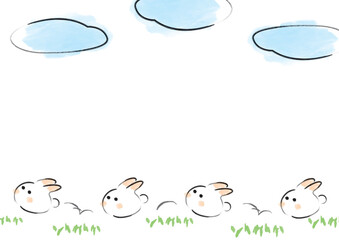 芝生を飛び跳ねるうさぎと雲のフレーム 背景